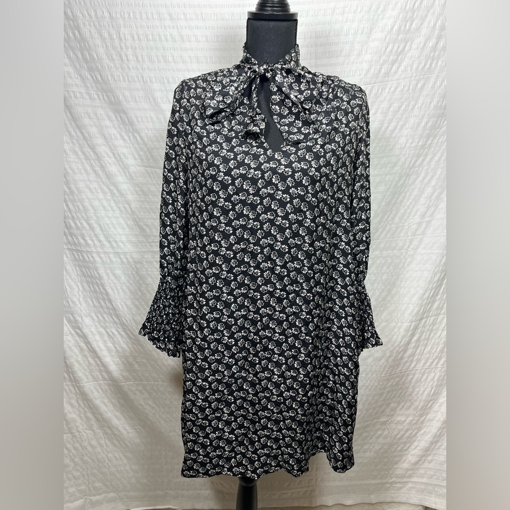 REBECCA TAYLOR 100% silk Rue Floral Tie Neck Black & White Dress Size 6